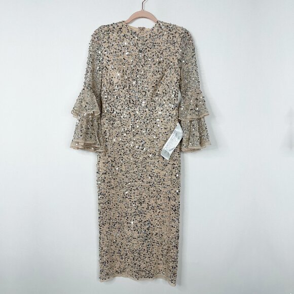 FLAW Mac Duggal Fully Sequined Ruffle Tiered 3/4 Sleeve Midi Dress Nude 8 #A0081 - Picture 4 of 11